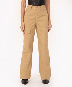 calça de sarja wide leg cargo slim cintura média bege