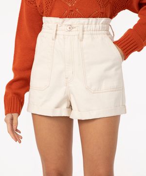 short de sarja clochard cintura super alta com bolso bege