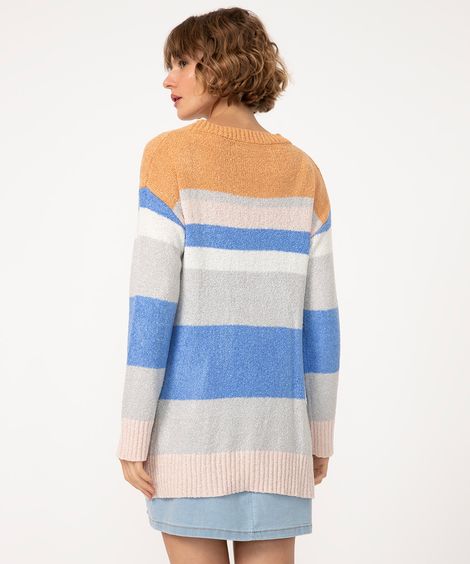 suéter de tricô listrado decote redondo off white