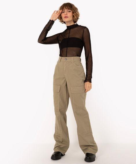 calça de sarja wide leg slim cargo cintura média verde