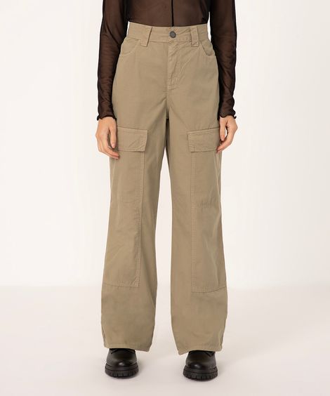 calça de sarja wide leg slim cargo cintura média verde