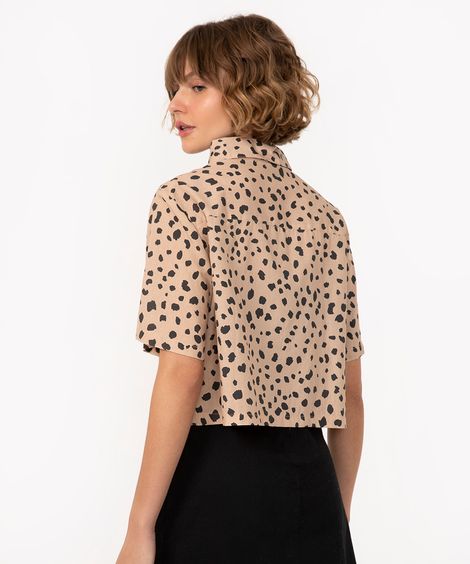 camisa cropped de algodão animal print manga curta bege