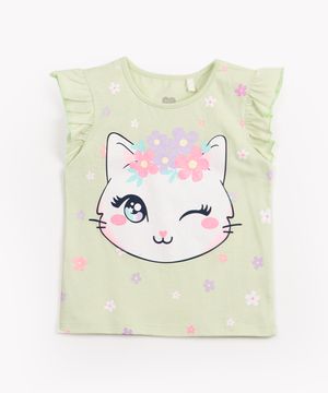 blusa infantil de malha gatinha manga curta verde