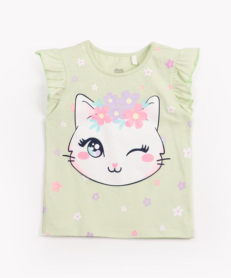 blusa infantil de malha gatinha manga curta verde