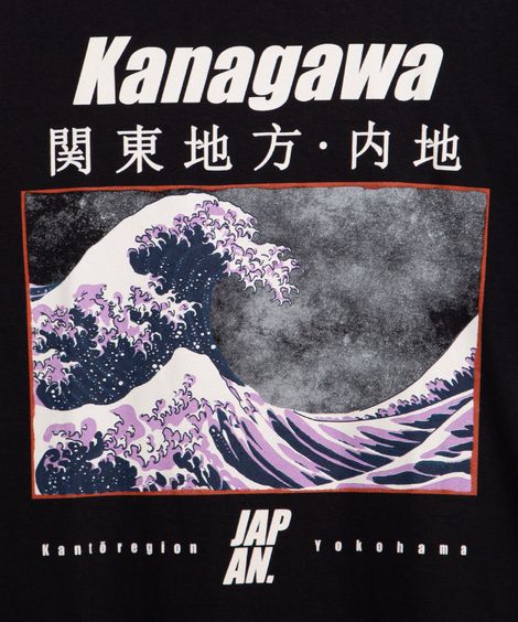 camiseta juvenil de malha oversized kanagawa manga curta preto