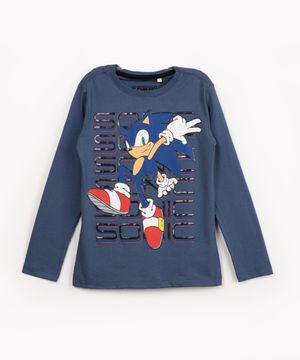 camiseta infantil de malha Sonic manga longa azul