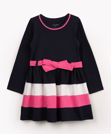 vestido infantil de malha com laço manga longa azul marinho