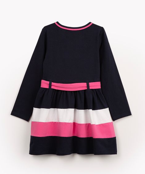 vestido infantil de malha com laço manga longa azul marinho