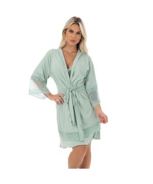 Robe Feminino Manga 7/8 em Microfibra e Renda Moda de Baixo Verde - DR301