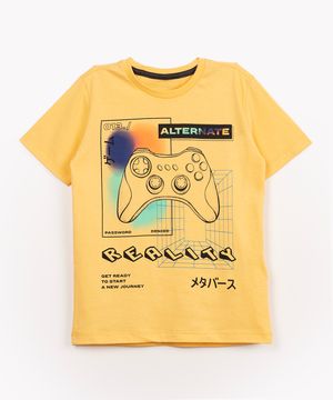 camiseta infantil de malha game manga curta amarela