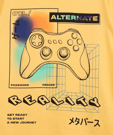 camiseta infantil de malha game manga curta amarela