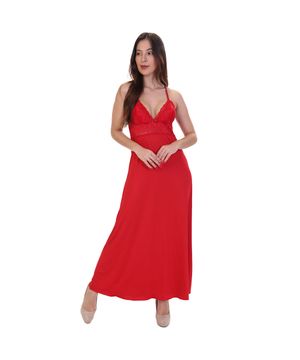 Camisola Longa Decote V sem Bojo Pijama Longo Luxo Noite Moda de Baixo Vermelho DR330