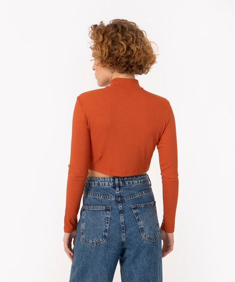 blusa cropped de malha canelada Mickey mangas longas laranja escuro