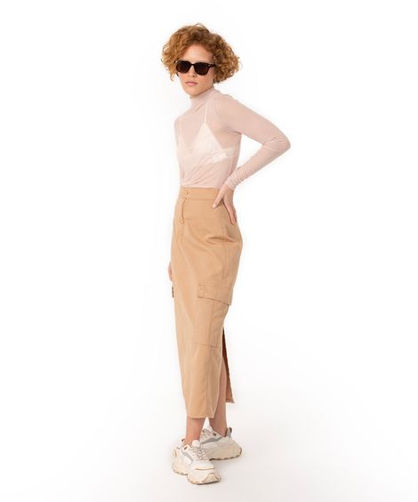 saia de sarja midi cintura alta com bolsos bege
