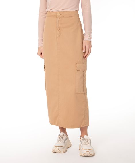 saia de sarja midi cintura alta com bolsos bege