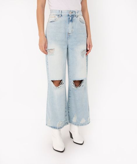 calça jeans wide leg cropped cintura super alta destroyed azul claro