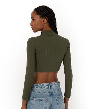 blusa cropped de malha canelada mulher maravilha manga longa verde militar