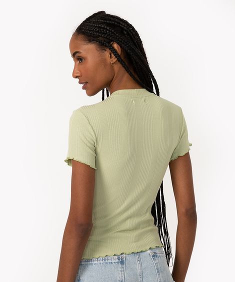 blusa de malha canelada manga curta fru fru verde claro