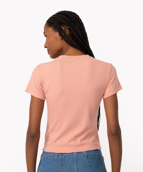 blusa de malha canelada manga curta fru fru rosa claro