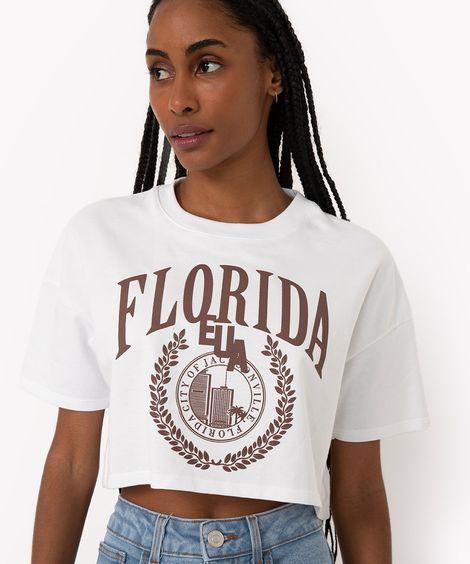 blusa cropped de moletinho florida manga curta off White