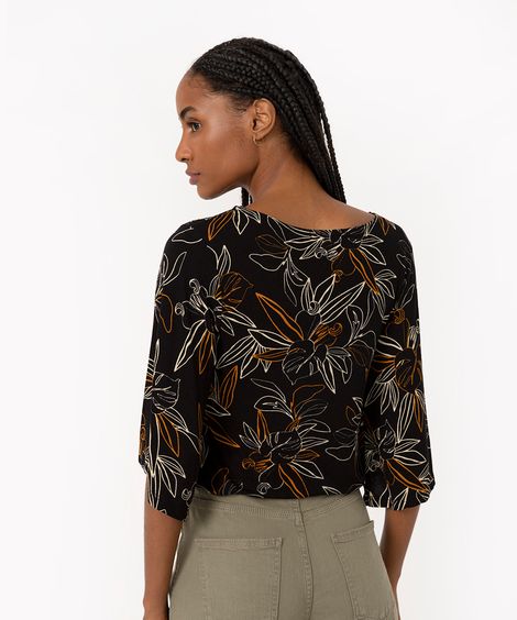 blusa de malha floral com botões e cordão manga ampla preto