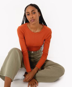 blusa de malha canelada manga longa laranja escuro