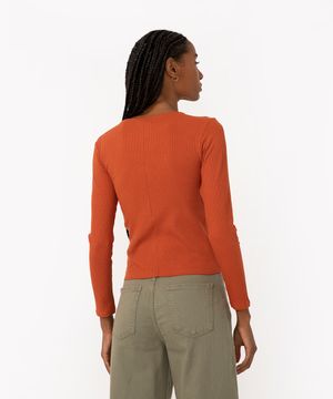 blusa de malha canelada manga longa laranja escuro