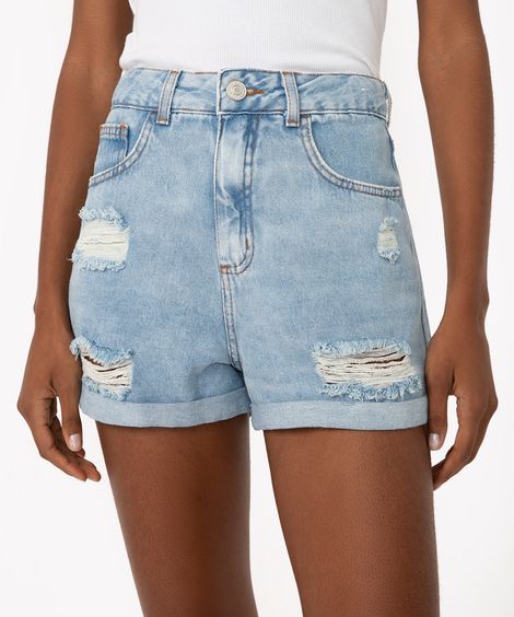 short jeans mom cintura super alta destroyed azul claro