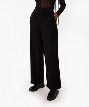 calça wide leg de viscose cintura alta com bolsos preta