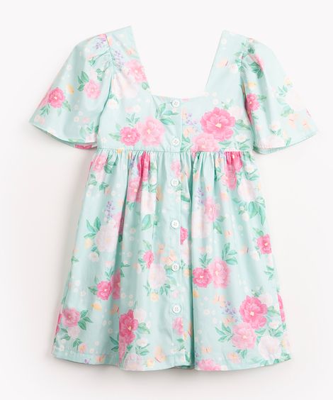 vestido infantil de algodão floral manga curta verde claro