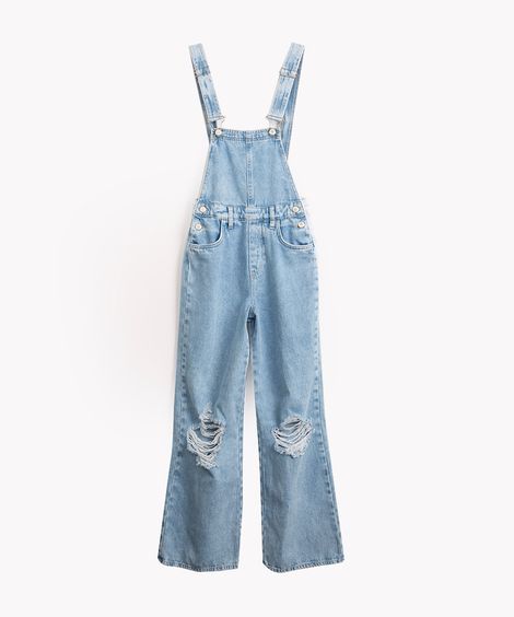 jardineira jeans juvenil wide leg com bolso azul médio