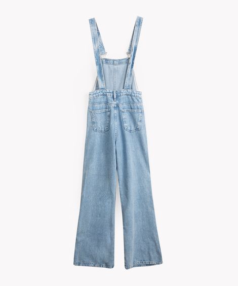 jardineira jeans juvenil wide leg com bolso azul médio