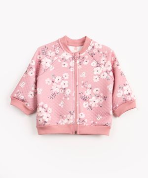 jaqueta de malha infantil bomber floral em matelassê rosa escuro
