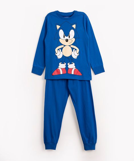 pijama infantil de malha Sonic manga longa azul