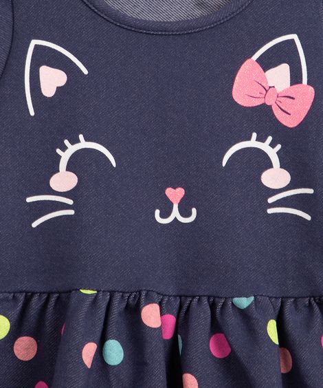 vestido de malha infantil gatinha manga curta azul escuro