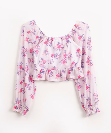 blusa cropped infantil de tule floral com babado off white