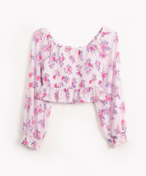 blusa cropped infantil de tule floral com babado off white