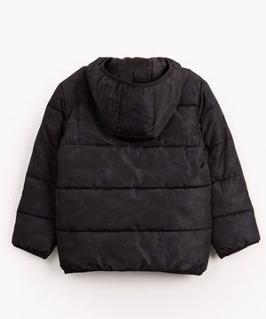 jaqueta infantil puffer camuflada com capuz preta