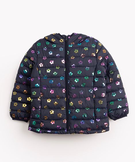jaqueta infantil puffer floral com capuz azul marinho