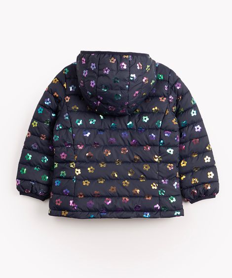 jaqueta infantil puffer floral com capuz azul marinho