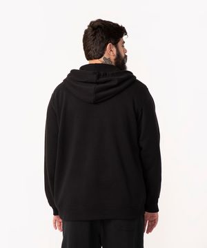 blusão de moletom plus size básico com capuz e zíper preto