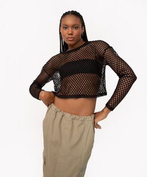 BLUSA MALHA TELA SUPER CROPPED MANGA LONGA