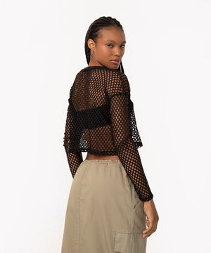 blusa cropped malha tela manga longa preto