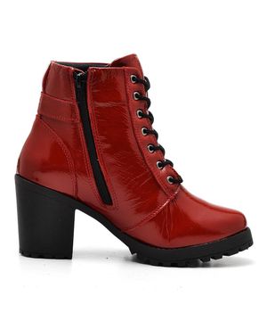 Bota Coturno Feminina Couro Cano Médio Verniz Moda Estilo Vermelho