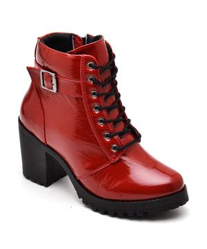 Bota Coturno Feminina Couro Cano Médio Verniz Moda Estilo Vermelho