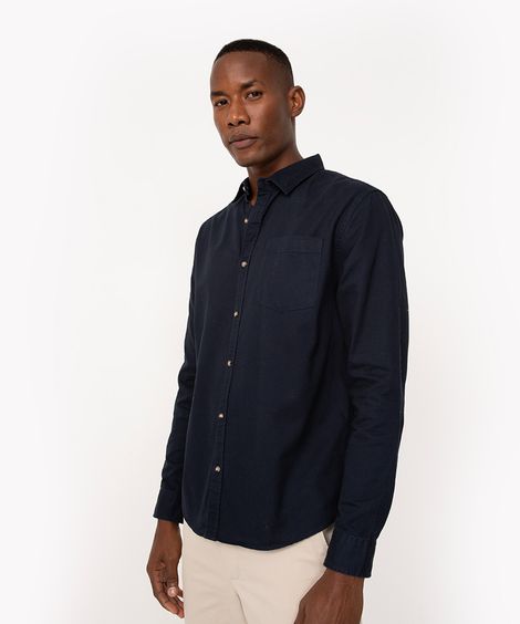 camisa de sarja confort manga longa com bolso azul marinho
