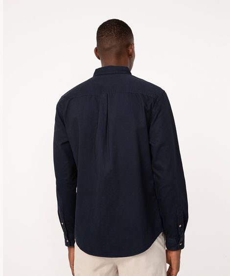 camisa de sarja confort manga longa com bolso azul marinho
