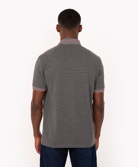 Polo Masculina Maquinetada com Listra na Manga Curta Cinza Mescla Escuro