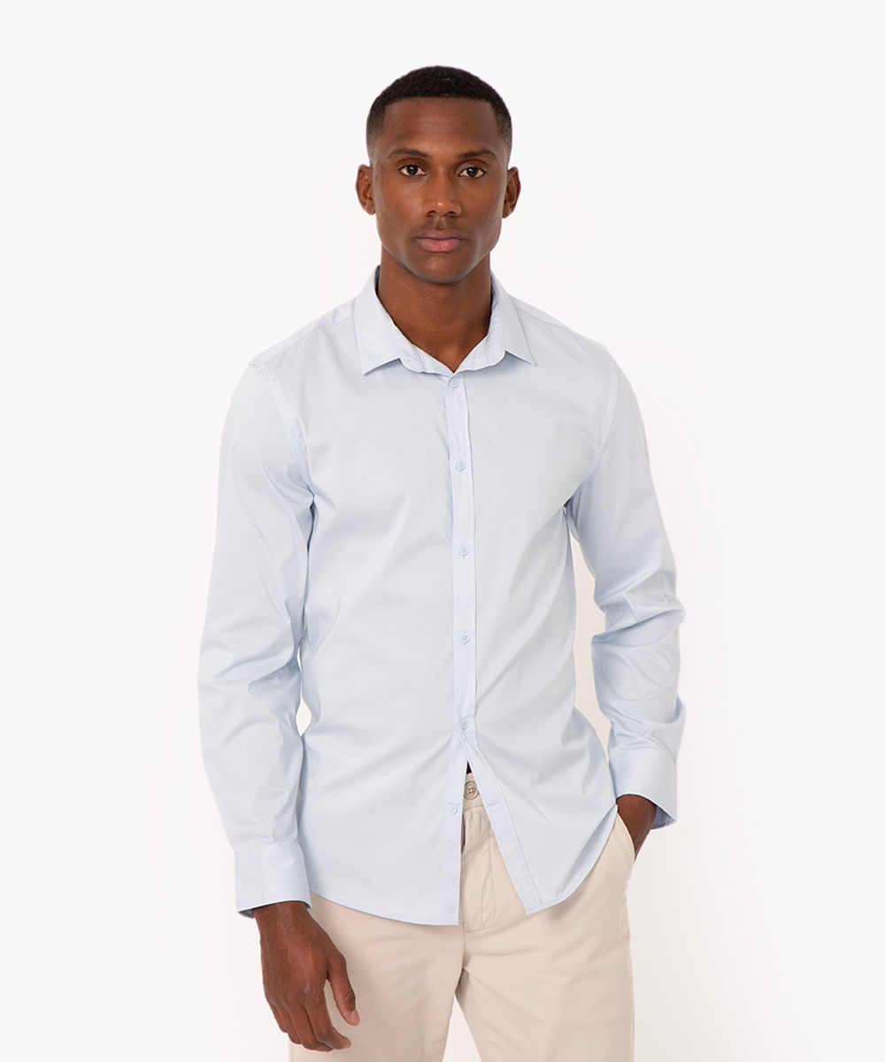 camisa slim fit de algodão manga longa azul claro