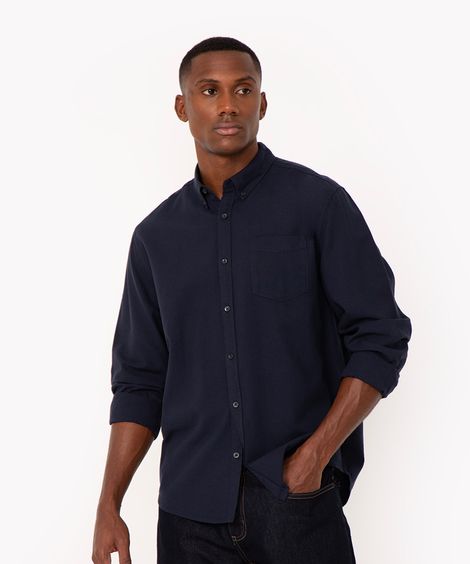 camisa comfort oxford manga longa - azul marinho